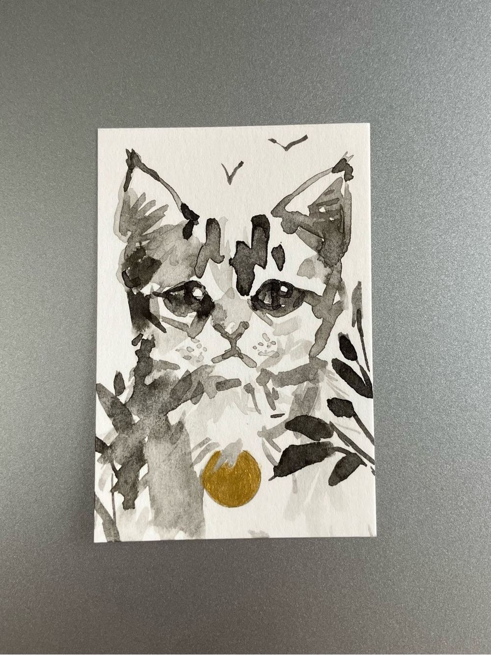 ORIGINAL kitten painting cat art miniature realism sumi-e gold accent USA